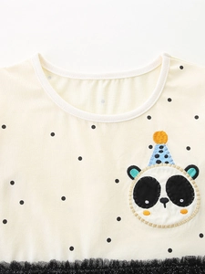 Robe à pois pour filles avec écusson panda brodé et élégante bordure en tulle noir