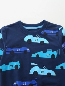 Dark blue boys sweatshirt with rib neck and all-over cartoon racing car prints