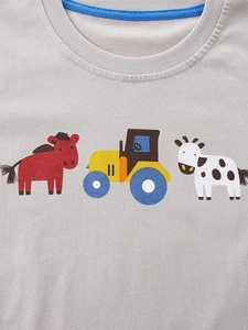 Maglietta grigio chiaro per bambino in cotone con stampe di animali e colletto blu a contrasto