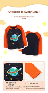 Detail of raglan long sleeve kids tee with space planet print and ribbed cuffs