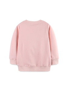 Back view of pink long-sleeve cotton sweatshirt for girls with ribbed cuffs and hem