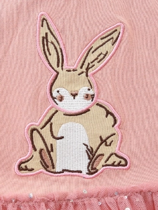 Robe rose pour filles avec broderie lapin et détails en tulle pailleté sur le bas