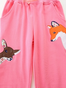 Pantalon de sport rose en coton pour fille avec broderies de renard et de cerf
