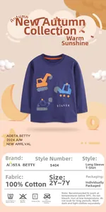 Detail view of cotton long sleeve kids shirt with colorful digger print and text