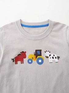 Maglietta grigia a maniche lunghe per bambini in cotone con stampe di cavalli e trattori