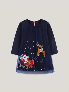 Robe de Noël pour Filles à Manches Longues Bleu Marine Avec Patchwork en Maille Père Noël Renne Appliqué Brodée Robe de Soirée