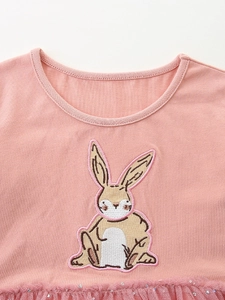 Robe princesse rose à manches longues pour filles avec broderie lapin et jupe en tulle pailleté