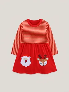 Robe Longues Manches Coton Filles Noël Rayée Père Noël Renne Broderie Patchwork Robe de Princesse Vêtements de Fête
