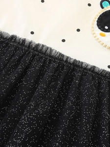 Robe fille beige à pois avec broderie panda et jupe en tulle noir scintillant