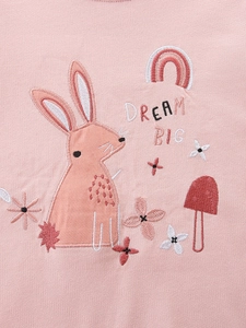 Pink girl's sweatshirt with rabbit embroidery, rainbow details, and Dream Big text