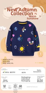 Detail view of 100% cotton navy girls sweatshirt with colorful rainbow and sun prints