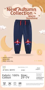 Close-up of navy cotton joggers featuring red drawstring and plane embroidery detail