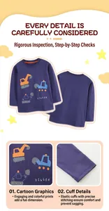 Detail of navy blue kids excavator T-shirt showing elastic cuffs and digger print