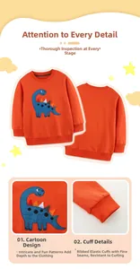 Detailed views of orange cotton sweatshirt showing dinosaur embroidery and ribbed cuffs