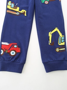 Navy blue boys cotton joggers with construction vehicle embroidery and ribbed cuffs