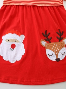 Robe de Noël pour filles avec broderies père Noël et renne sur coton rouge élastique