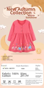 Detail of pink polka dot cotton dress featuring embroidered cartoon dog and floral motifs