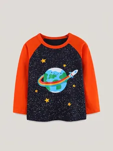 Boys Long Sleeve Raglan T-Shirt Cotton Casual Space Planet Rocket Print Contrast Color Kids Sporty Autumn Top