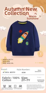 Detail of navy cotton boy hoodie featuring cartoon rocket embroidery and yellow contrast collar