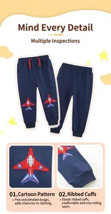 Detail of navy knit joggers for boys featuring red jet airplane embroidery and drawstring