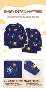 Close-up of rib-knit cuffs and colorful cartoon print on navy girl's sweatshirt