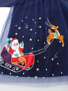 Robe de Noël bleu marine pour fille avec broderie Père Noël et jupe en tulle festif