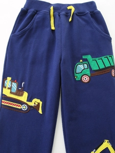 Boys navy knit cotton jogger pants with construction vehicle embroidery and yellow drawstring