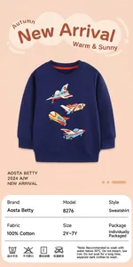 Detail eines marineblauen Jungen-Hoodies aus Baumwolle mit bunten Flugzeug-Motiven