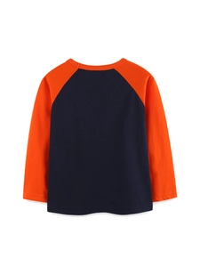 Kids long sleeve raglan T-shirt in navy blue and orange cotton with sporty back view