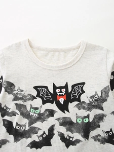 T-shirt Halloween per bambini a maniche lunghe con stampa pipistrello grigio