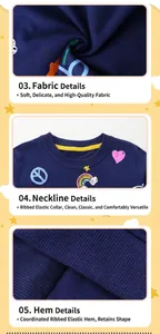 Detail view of cotton fabric texture, ribbed elastic neckline and colorful prints on kids' sweatshirt