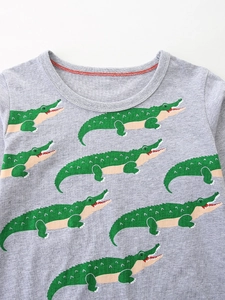Boys' long-sleeved gray cotton T-shirt featuring a green cartoon dinosaur print