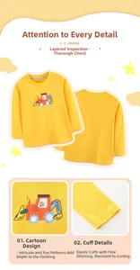 Detailansicht eines gelben Langarm-Kinder-T-Shirts mit buntem Bagger-Motivdruck