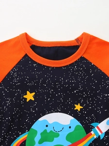 Kids long sleeve cotton t-shirt featuring space planet print and contrast raglan sleeves