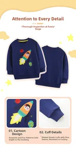 Close-up of boys' navy blue rocket sweatshirt featuring detailed cartoon space embroidery