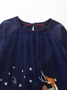 Robe de Noël bleu marine pour fille avec jupe en tulle et broderie renne mignonne