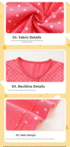 Detail of pink polka-dot cotton knit dress showing neckline, fabric texture, and hem