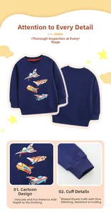 Detail eines dunkelblauen Kinder-Sweatshirts mit Raketen-Print und Rippbündchen aus Baumwolle