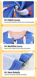 Detalle de vestido azul para niña con estampado de pingüino y cuello redondo de canalé rosa