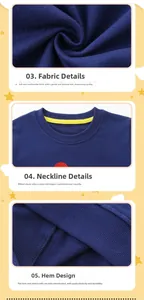 Detail of navy boy's sweatshirt showing yellow neck tape and ribbed hem craftsmanship