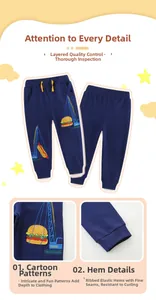 Detail view of navy blue kids joggers with cartoon embroidery and ribbed cuffs