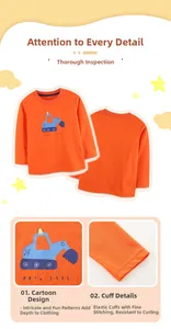 Détails du t-shirt en coton orange pour garçon avec motif pelleteuse et poignets élastiques