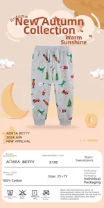 Detail of grey cotton kids sweatpants with dinosaur and nutcracker cartoon print