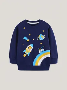 Sweat-shirt Mode Garçon Bleu Marine Imprimé Fusée Spatiale Manches Longues Coton Décontracté Col Rond Haut pour Enfants