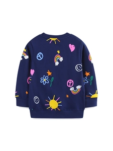 Girls dark blue crewneck sweatshirt with colorful rainbow and cartoon prints