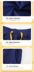 Detail of blue joggers featuring elastic waist with yellow drawstring and soft knit texture