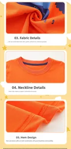 Vues détaillées du tricot de coton, du col rond et de l'ourlet du t-shirt orange pour garçon