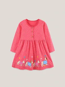Girls Long Sleeve Polka Dot Cotton Dress Sweet Princess Style Puppy Embroidery Autumn Round Neck Magenta Children Clothing