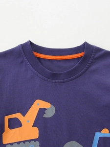 Kids purple cotton t-shirt featuring a colorful excavator print and ribbed crew neck