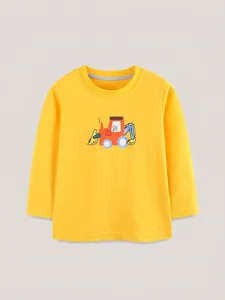 Jungen Herbst Langarm Baumwolle T-Shirt Hellgelb Cartoon Bagger Bedruckt Rundhals Lässig Kinder Top